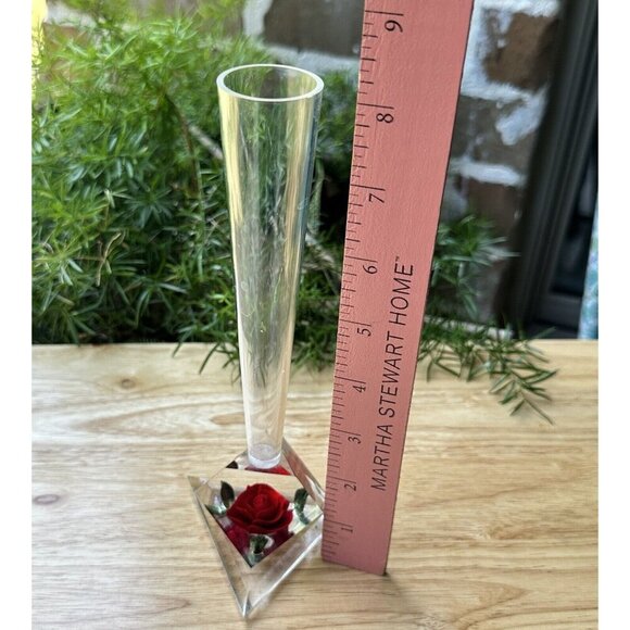VTG 60's Bircraft Vase Lucite Reverse Carved Deep Red Rose Green Leaves 8.5" H - Picture 7 of 8
